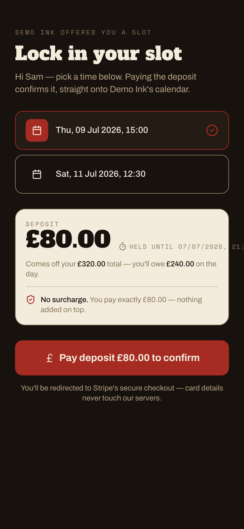 Deposit-secured booking offer screen shown to a client